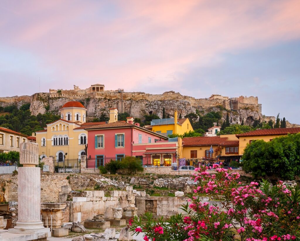 Remains of Hadrian's Library and Acropolis in the old town of Athens, Greece.